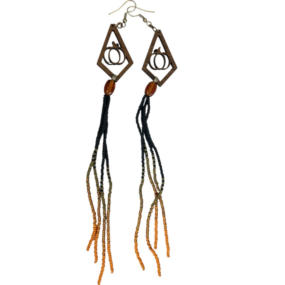 Artisian Fall Pumpkin Wood Seed Bead Dangle Pierced Earrings Boho - Picture 1 of 7
